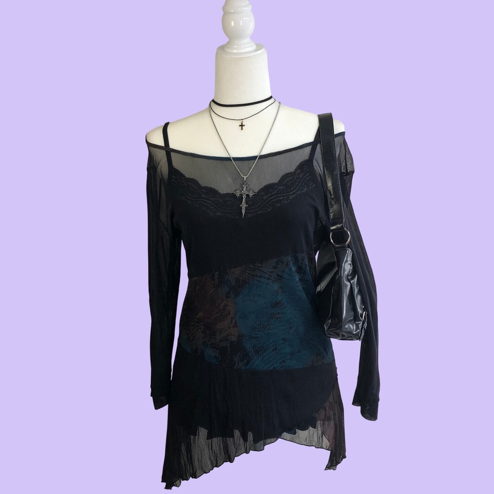 Inizio Italy Sheer Mesh Whimsigoth Fairycore Asymmetric Tunic Top Womens M